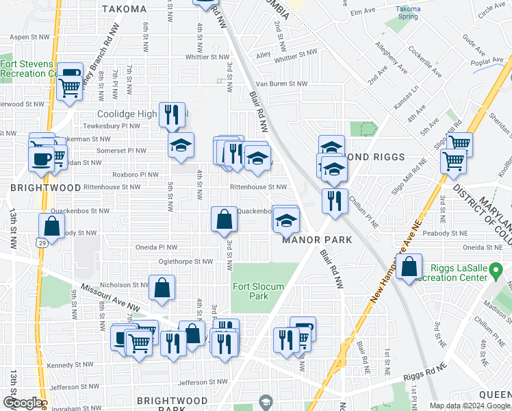 map of restaurants, bars, coffee shops, grocery stores, and more near 211 Quackenbos Street Northwest in Washington