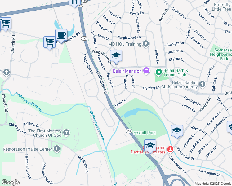 map of restaurants, bars, coffee shops, grocery stores, and more near 2709 Federal Lane in Bowie