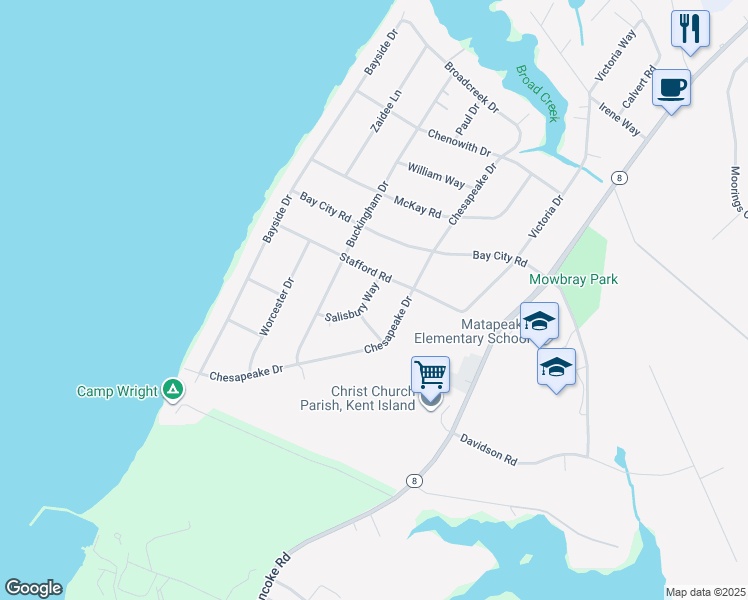 map of restaurants, bars, coffee shops, grocery stores, and more near 807 Salisbury Way in Stevensville