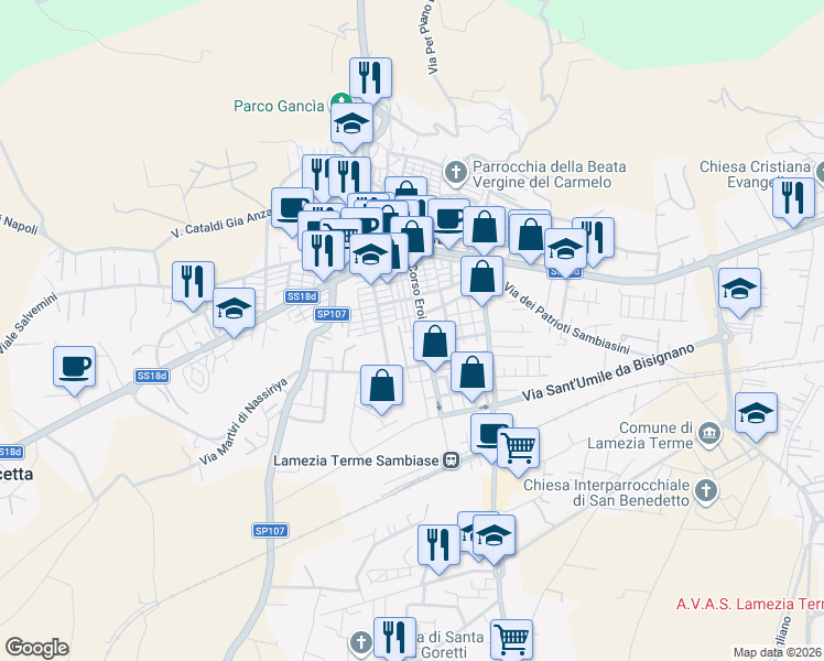 map of restaurants, bars, coffee shops, grocery stores, and more near 77 Via Eroi di Sapri in Lamezia Terme