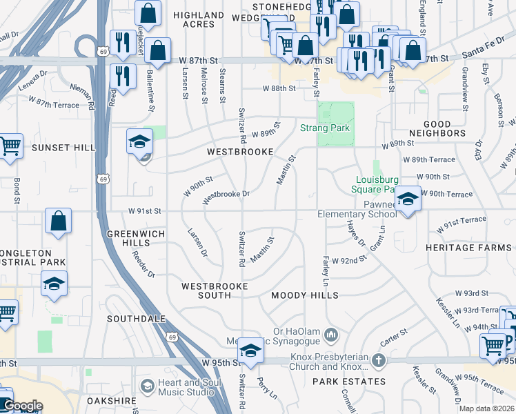 map of restaurants, bars, coffee shops, grocery stores, and more near 10202 West 91st Street in Overland Park