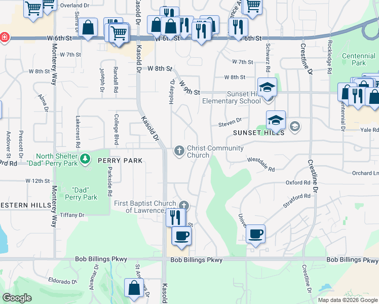 map of restaurants, bars, coffee shops, grocery stores, and more near 3205 Harvard Road in Lawrence