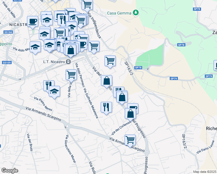 map of restaurants, bars, coffee shops, grocery stores, and more near 116 Via dei Gelsomini in Lamezia Terme