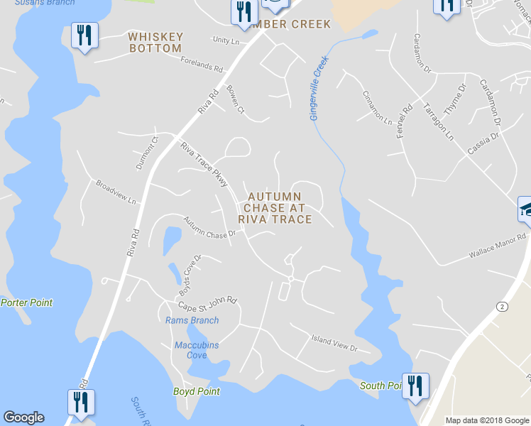 map of restaurants, bars, coffee shops, grocery stores, and more near 117 Cranes Crook Lane in Annapolis