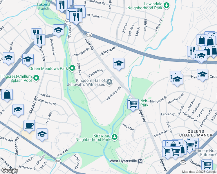 map of restaurants, bars, coffee shops, grocery stores, and more near 6100 Ager Road in Hyattsville