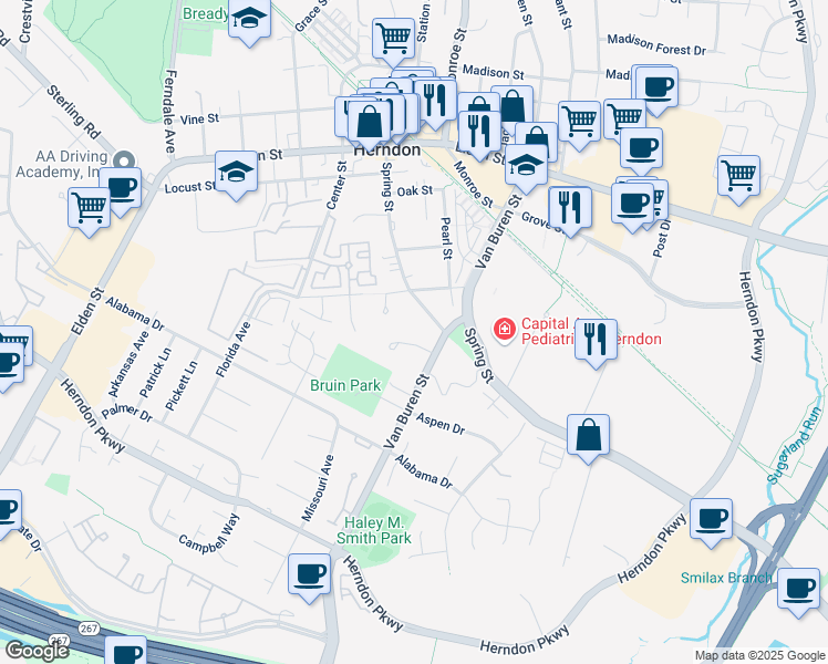 map of restaurants, bars, coffee shops, grocery stores, and more near 604 Austin Lane in Herndon