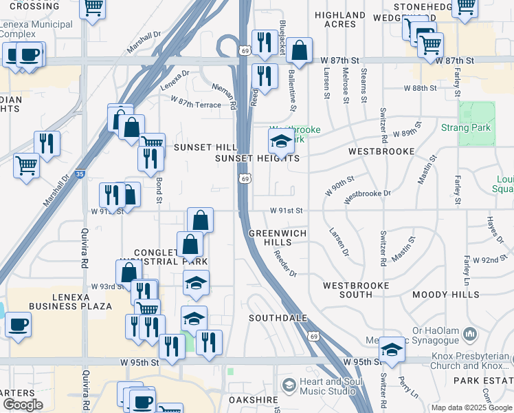 map of restaurants, bars, coffee shops, grocery stores, and more near 11008 West 91st Street in Overland Park