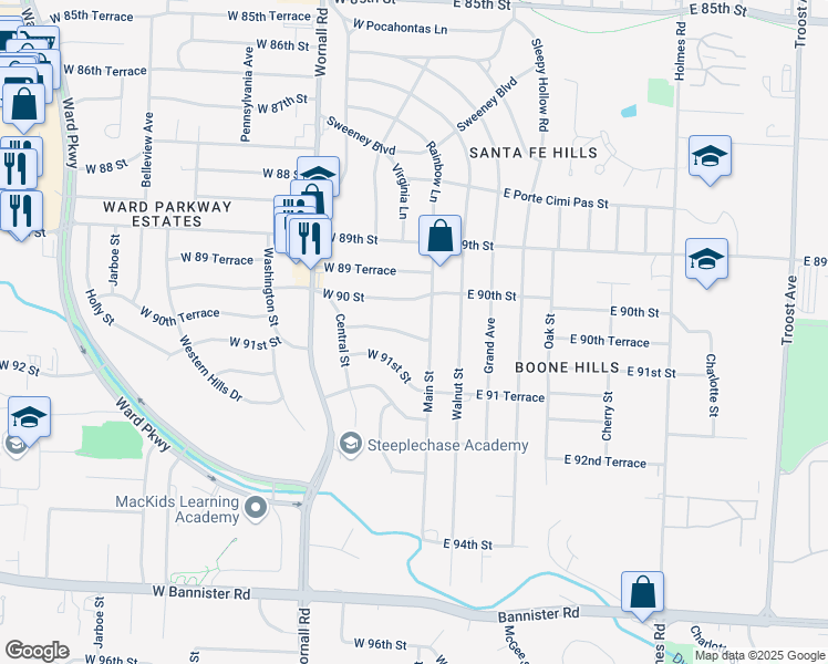 map of restaurants, bars, coffee shops, grocery stores, and more near 6 W 90th Terrace in Kansas City
