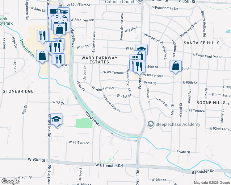 map of restaurants, bars, coffee shops, grocery stores, and more near 700 West 91st Street in Kansas City