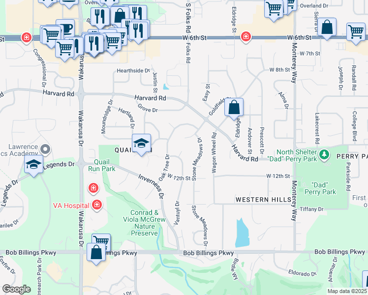 map of restaurants, bars, coffee shops, grocery stores, and more near 1124 Dubs Court in Lawrence