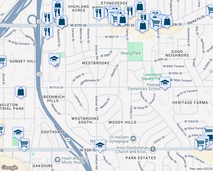 map of restaurants, bars, coffee shops, grocery stores, and more near 10202 West 91st Street in Overland Park