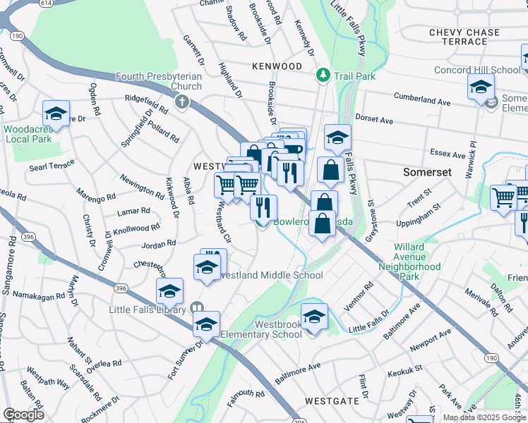 map of restaurants, bars, coffee shops, grocery stores, and more near 5401 Westbard Avenue in Bethesda