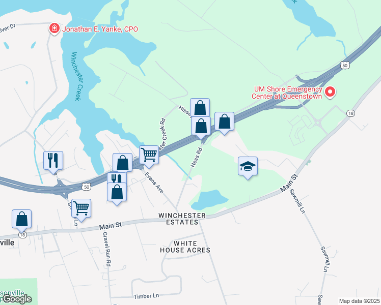 map of restaurants, bars, coffee shops, grocery stores, and more near 225 Hess Road in Grasonville