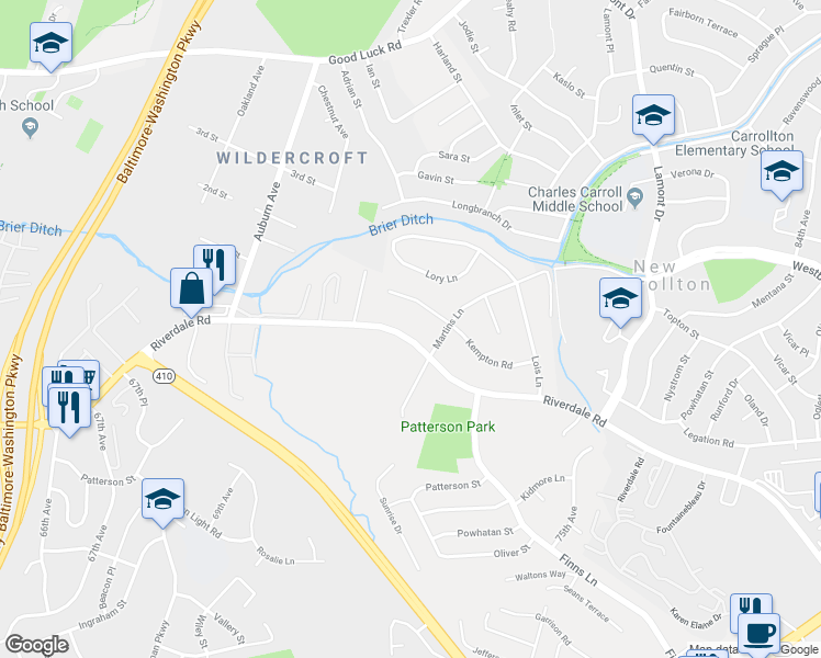 map of restaurants, bars, coffee shops, grocery stores, and more near 7106 Riverdale Road in Lanham