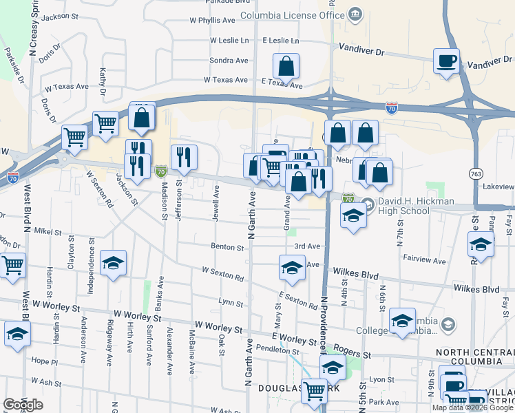 map of restaurants, bars, coffee shops, grocery stores, and more near 1200 North Garth Avenue in Columbia