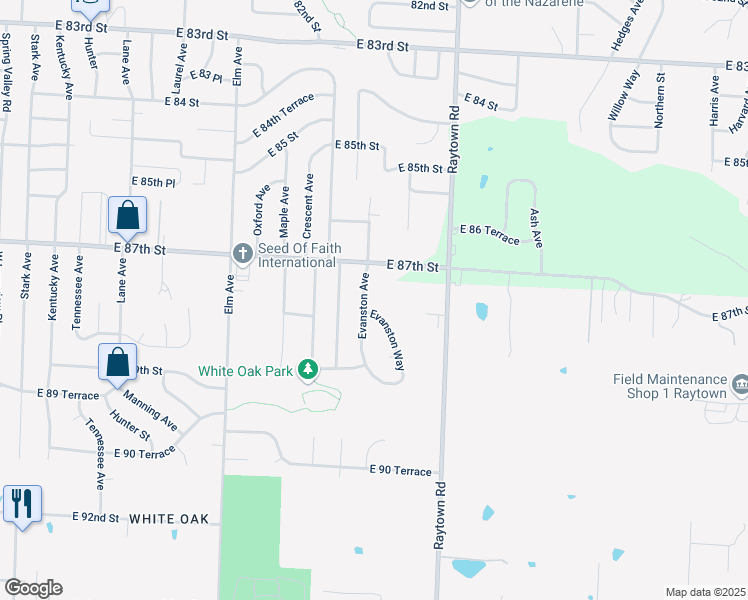map of restaurants, bars, coffee shops, grocery stores, and more near 8721 Evanston Avenue in Raytown