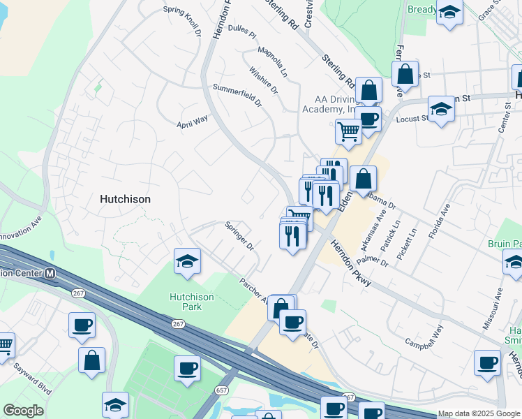 map of restaurants, bars, coffee shops, grocery stores, and more near 1131 Autumnhaze Court in Herndon