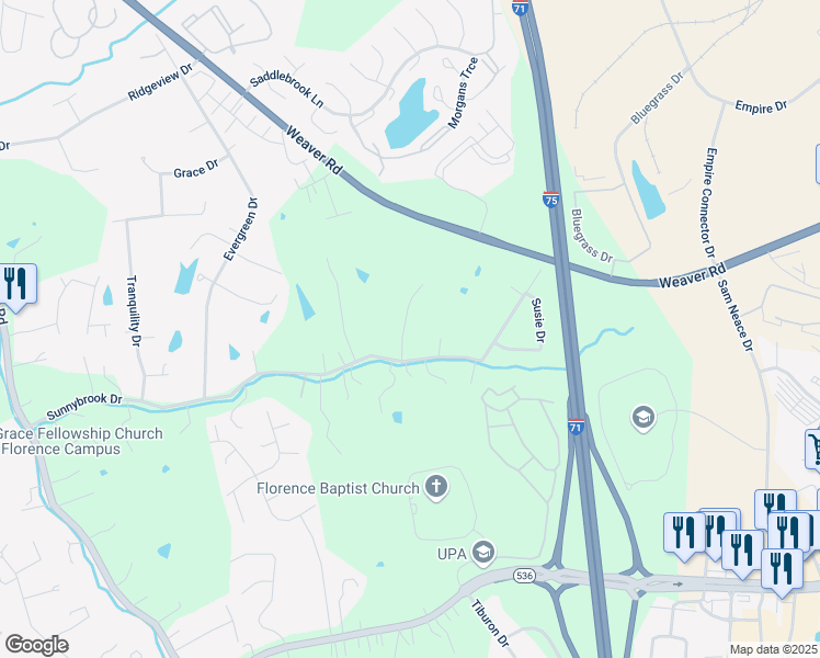 map of restaurants, bars, coffee shops, grocery stores, and more near 9344 Chitwood Circle in Florence