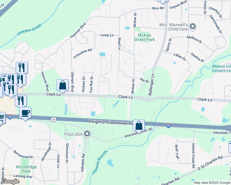 map of restaurants, bars, coffee shops, grocery stores, and more near 1300 Dawn Ridge Road in Columbia