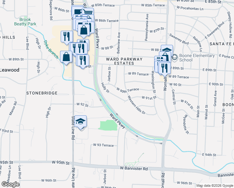 map of restaurants, bars, coffee shops, grocery stores, and more near 9037 Holly Street in Kansas City