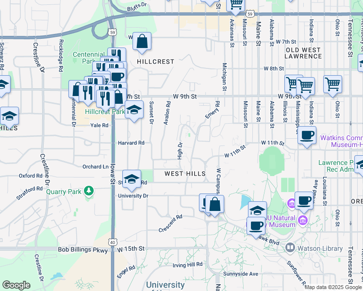 map of restaurants, bars, coffee shops, grocery stores, and more near 1000-1048 High Drive in Lawrence