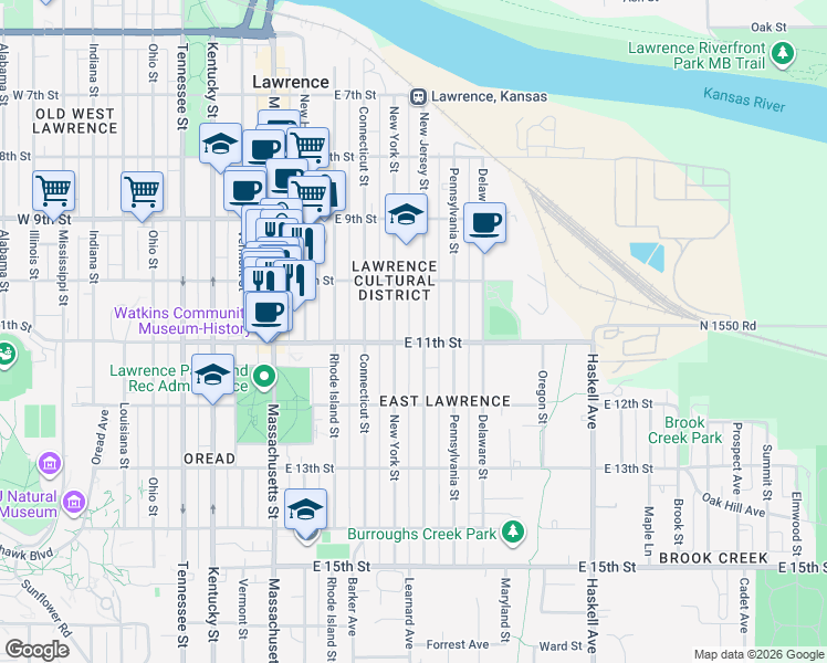 map of restaurants, bars, coffee shops, grocery stores, and more near 1045 New Jersey Street in Lawrence