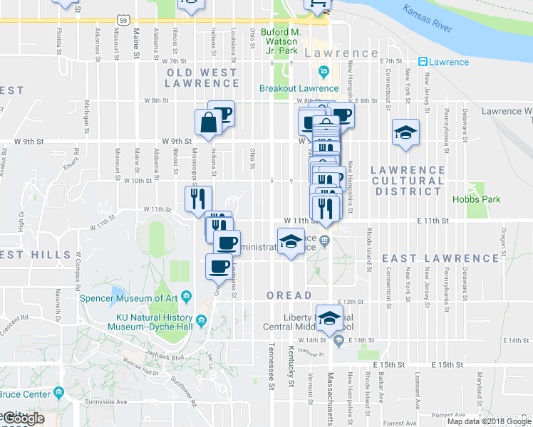 map of restaurants, bars, coffee shops, grocery stores, and more near 1041 Tennessee Street in Lawrence