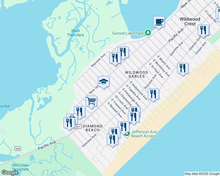 map of restaurants, bars, coffee shops, grocery stores, and more near 117 Saint Louis Avenue in Wildwood Crest