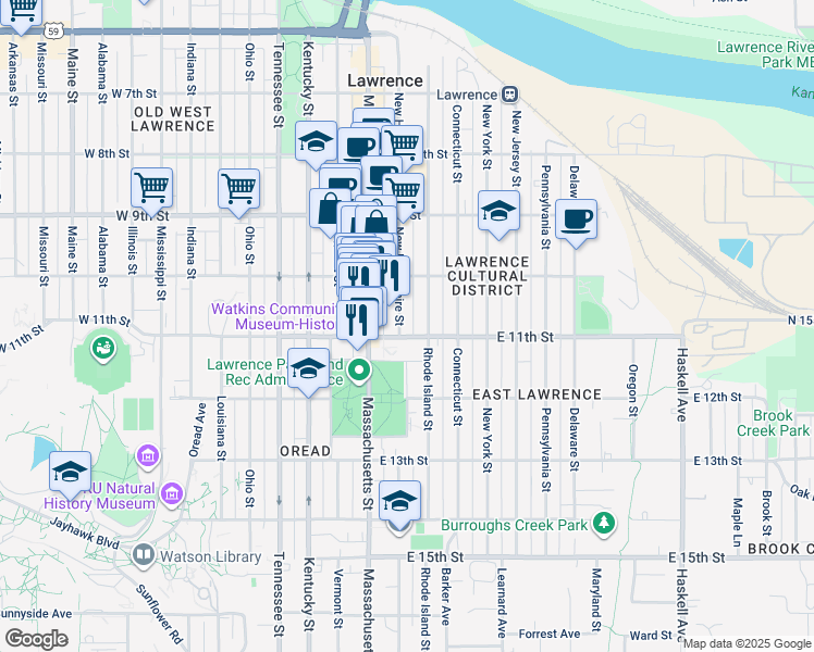 map of restaurants, bars, coffee shops, grocery stores, and more near 1040 New Hampshire Street in Lawrence