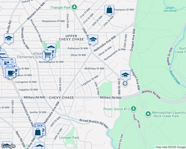 map of restaurants, bars, coffee shops, grocery stores, and more near 5513 30th Street Northwest in Washington