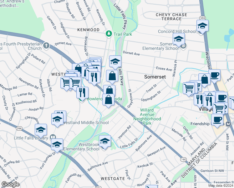 map of restaurants, bars, coffee shops, grocery stores, and more near 5101 River Road in Bethesda