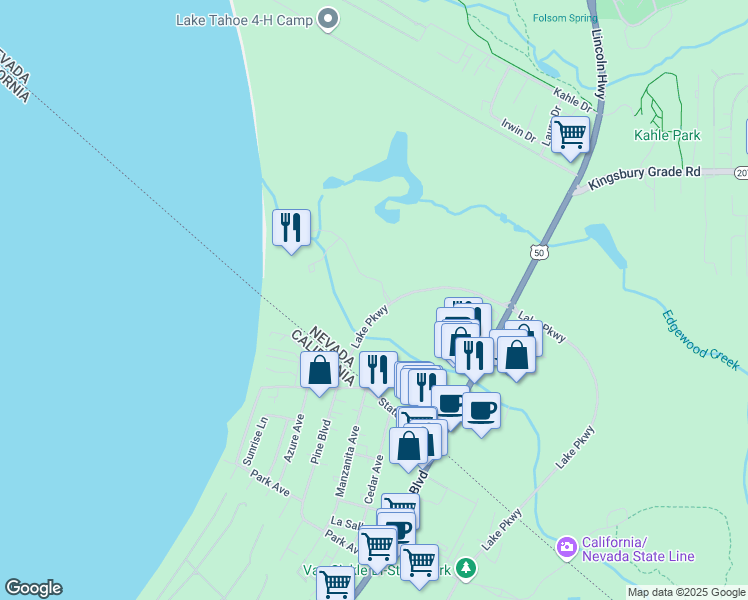 map of restaurants, bars, coffee shops, grocery stores, and more near 160 Lake Parkway in Gardnerville