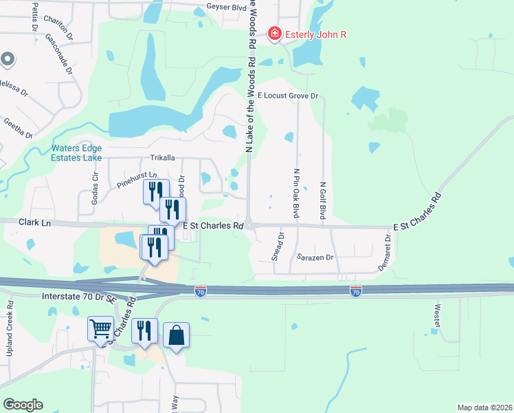 map of restaurants, bars, coffee shops, grocery stores, and more near 1312 North Lake of the Woods Road in Columbia