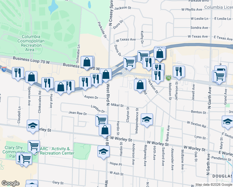 map of restaurants, bars, coffee shops, grocery stores, and more near 1000 West Boulevard North in Columbia