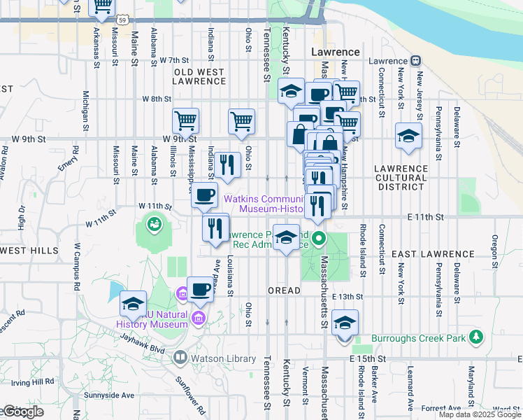 map of restaurants, bars, coffee shops, grocery stores, and more near 1041 Tennessee Street in Lawrence
