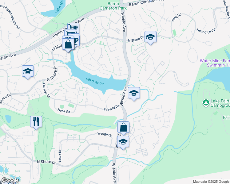 map of restaurants, bars, coffee shops, grocery stores, and more near 11222 South Shore Road in Reston