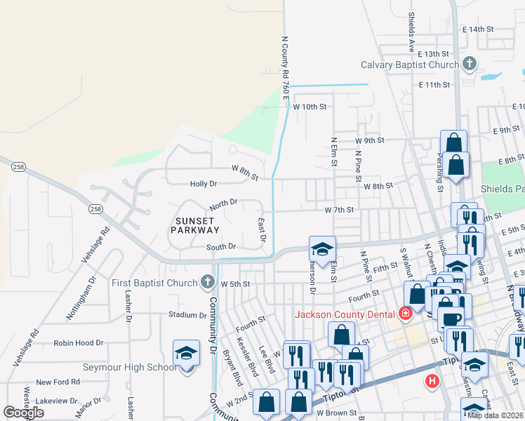 map of restaurants, bars, coffee shops, grocery stores, and more near 1100 East Drive in Seymour
