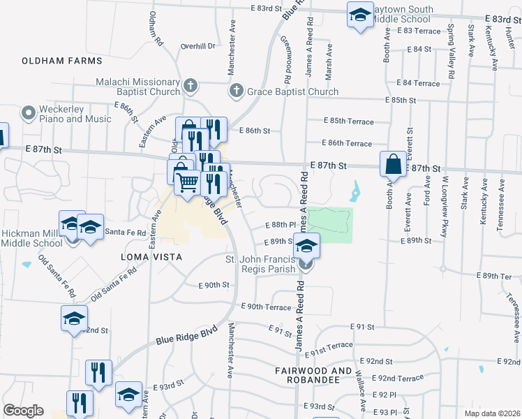 map of restaurants, bars, coffee shops, grocery stores, and more near 8003 East 88th Terrace in Kansas City