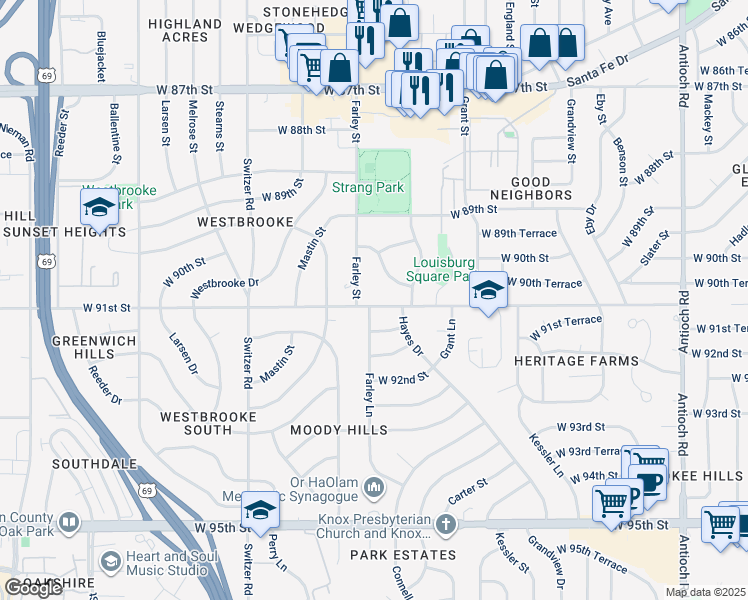 map of restaurants, bars, coffee shops, grocery stores, and more near 9808 West 91st Street in Overland Park