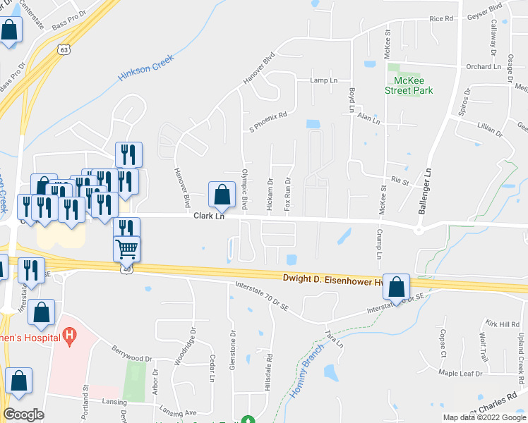 map of restaurants, bars, coffee shops, grocery stores, and more near 1301-1303 Hickam Drive in Columbia