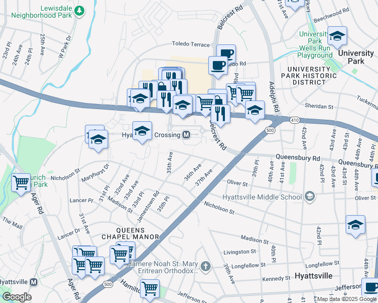 map of restaurants, bars, coffee shops, grocery stores, and more near 3514 Oliver Street in Hyattsville