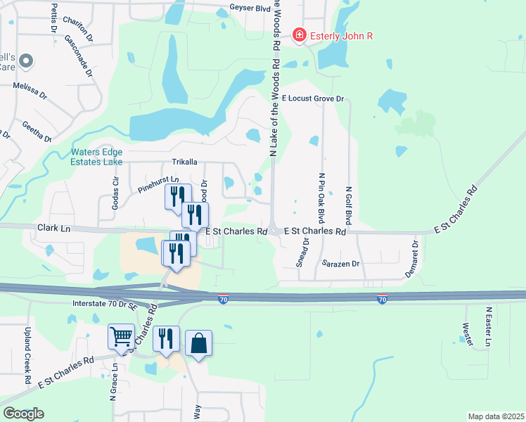 map of restaurants, bars, coffee shops, grocery stores, and more near 1306 North Lake of the Woods Road in Columbia