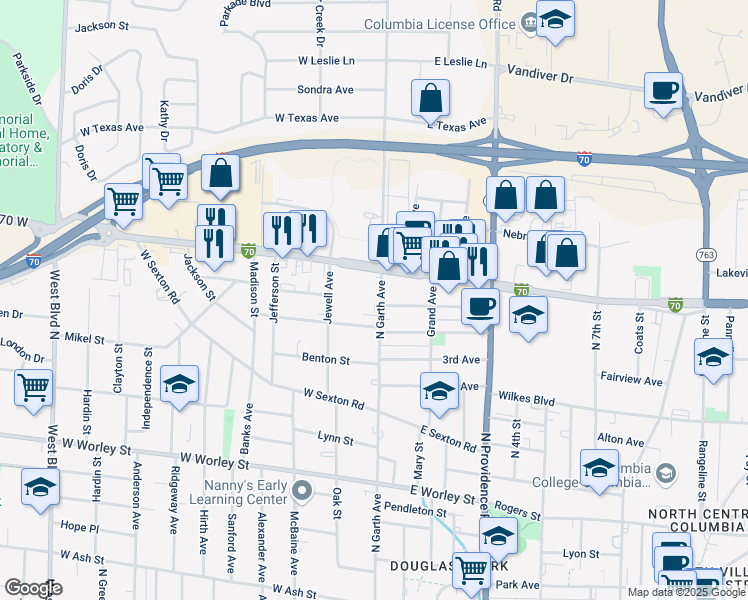 map of restaurants, bars, coffee shops, grocery stores, and more near 1201 North Garth Avenue in Columbia
