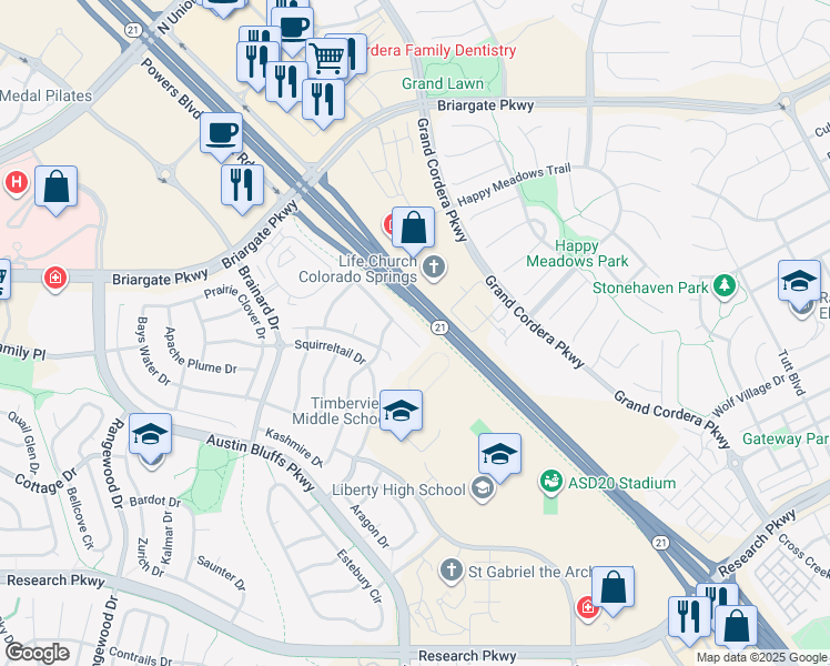 map of restaurants, bars, coffee shops, grocery stores, and more near 9464 Wolf Pack Terrace in Colorado Springs