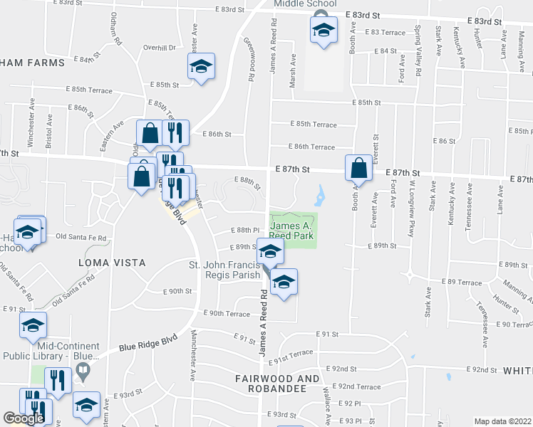 map of restaurants, bars, coffee shops, grocery stores, and more near James A Reed Rd & E 88 Terrace in Kansas City