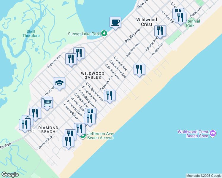 map of restaurants, bars, coffee shops, grocery stores, and more near 302 East Syracuse Avenue in Wildwood Crest