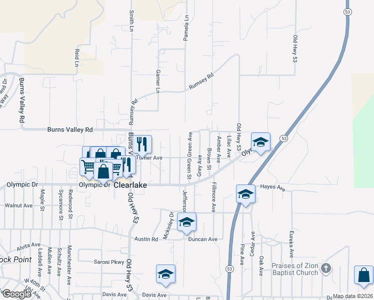 map of restaurants, bars, coffee shops, grocery stores, and more near 3327 Green Avenue in Clearlake