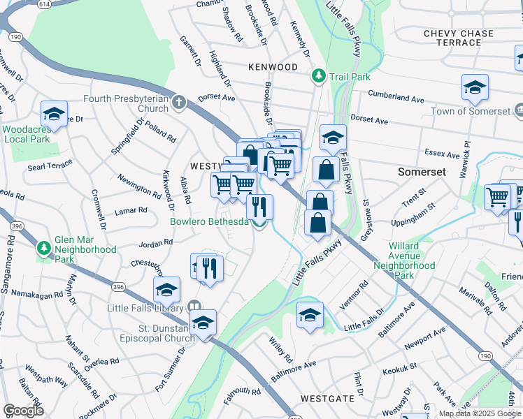 map of restaurants, bars, coffee shops, grocery stores, and more near 5401 Westbard Avenue in Bethesda