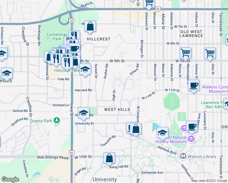 map of restaurants, bars, coffee shops, grocery stores, and more near 1000 High Drive in Lawrence