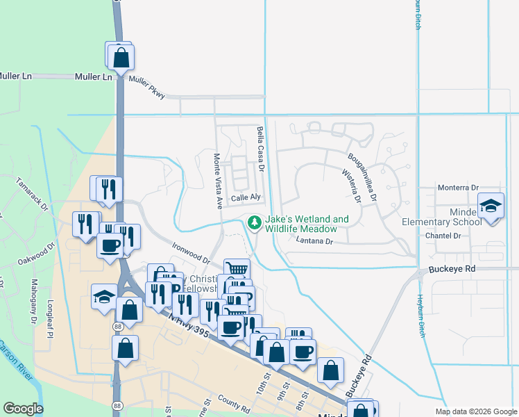 map of restaurants, bars, coffee shops, grocery stores, and more near 993 Bella Rosa Drive in Minden